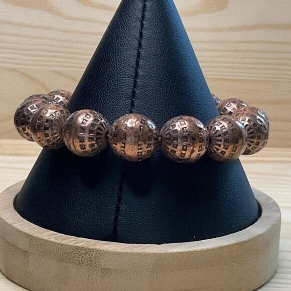 Copper Tone Square Etching Flower Dangle Charm Stretch Bracelet - Picture 3 of 3